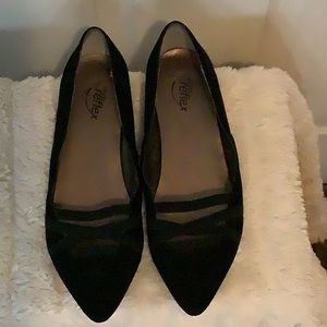 Moda Reflex brand flats. Black suede with elastic crisscross straps. Size 10